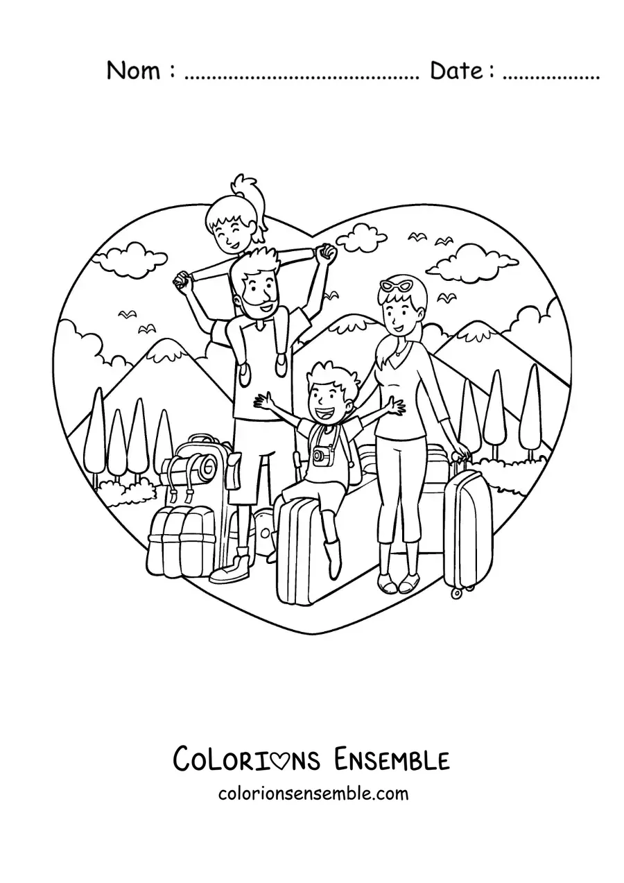 Image à colorier d’une famille avec des enfants et des valises de voyage dans la nature