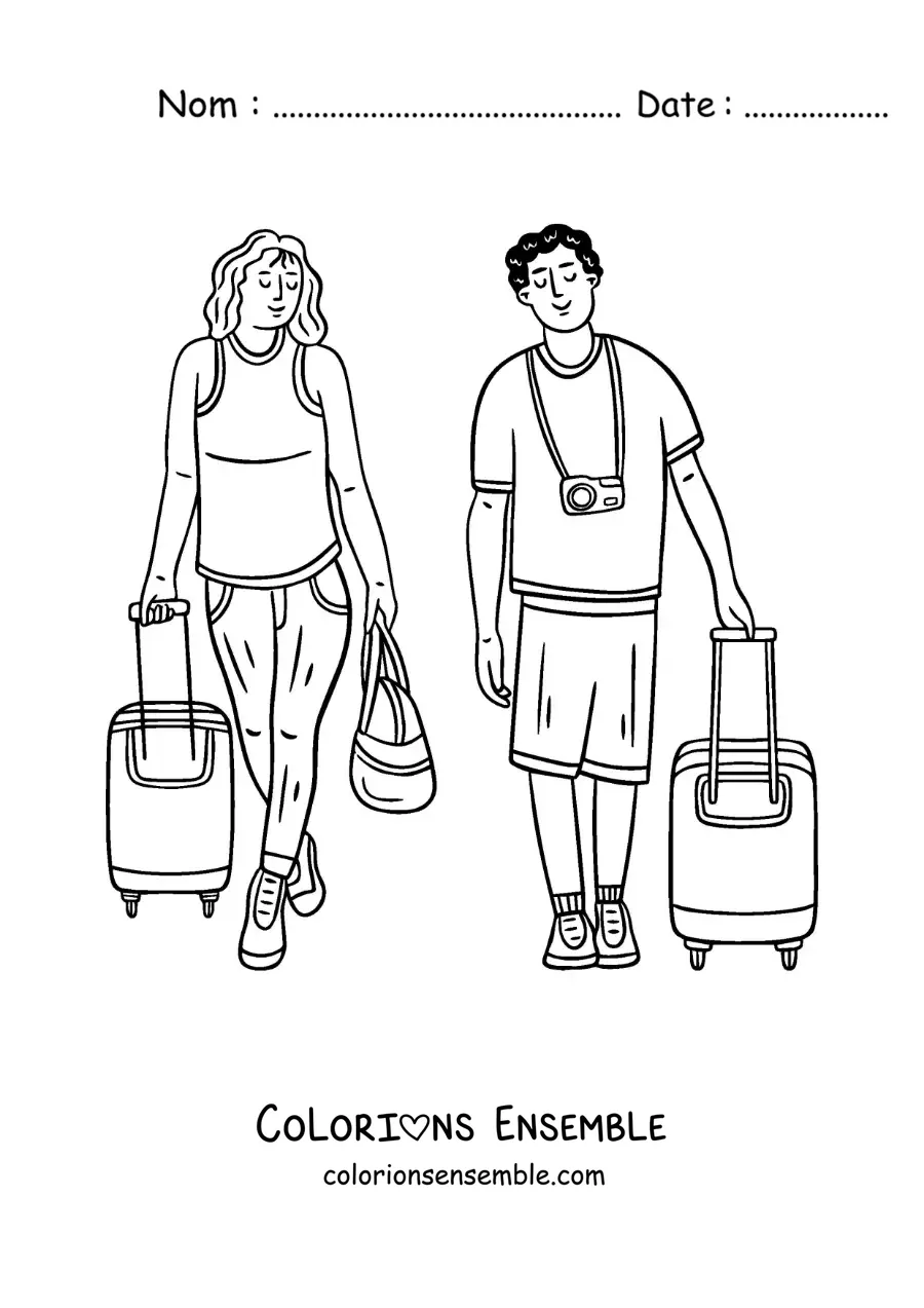 Image à colorier d’un couple de voyageurs avec des valises