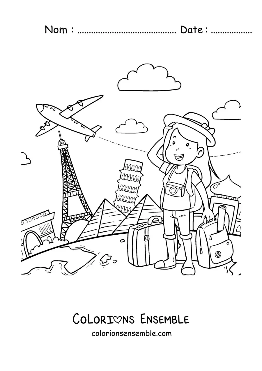 Image à colorier d’une fille touriste avec ses valises de voyage à travers le monde