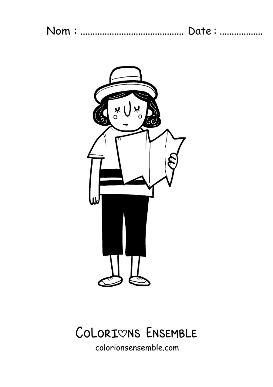 Image à colorier d’une fille touriste en dessin animé qui lit une carte