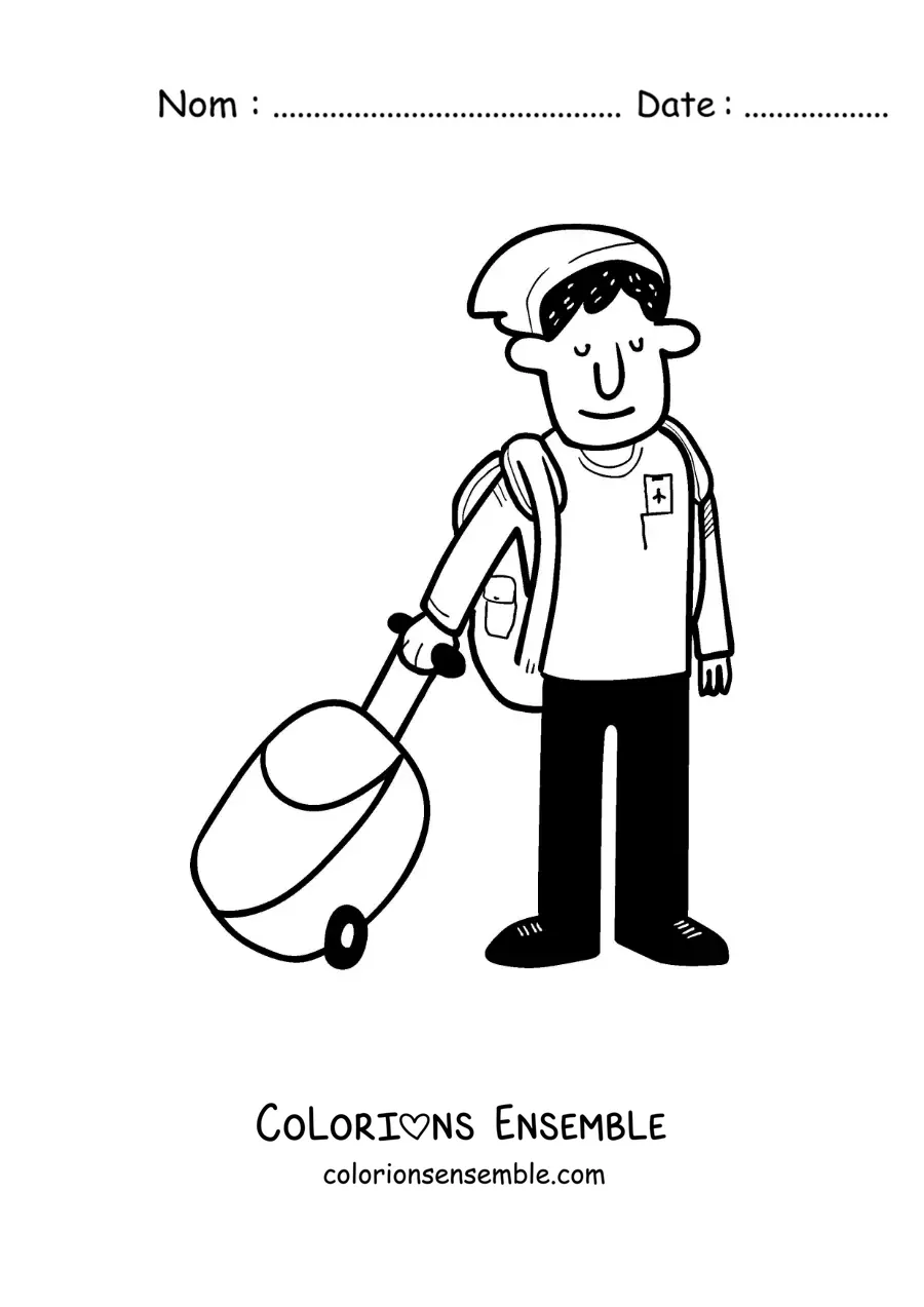 Image à colorier d’un garçon voyageur en dessin animé avec sa valise