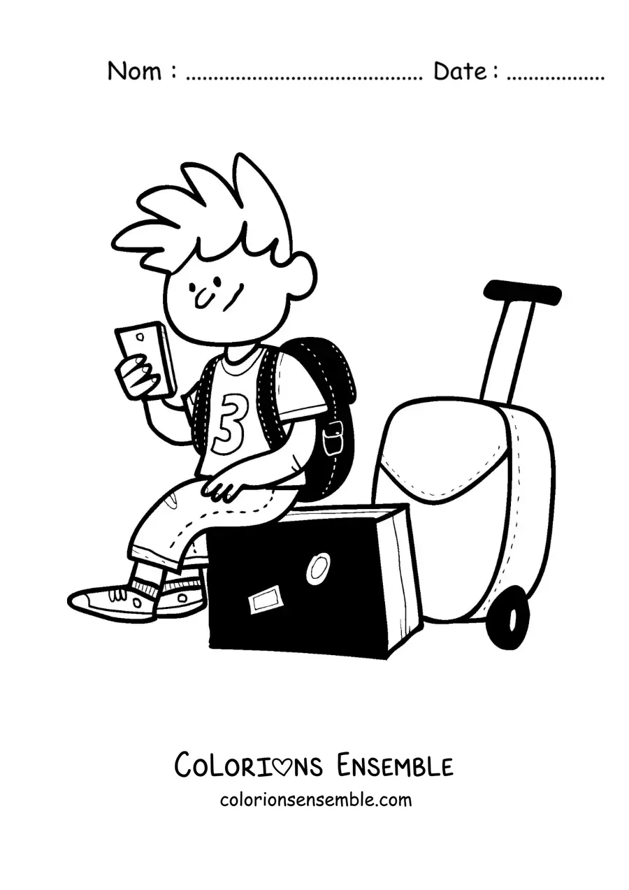 Image à colorier d’un garçon voyageur en dessin animé assis sur sa valise