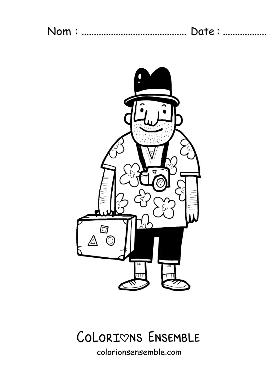 Image à colorier d’un touriste en dessin animé avec une chemise à fleurs, un appareil photo et une valise
