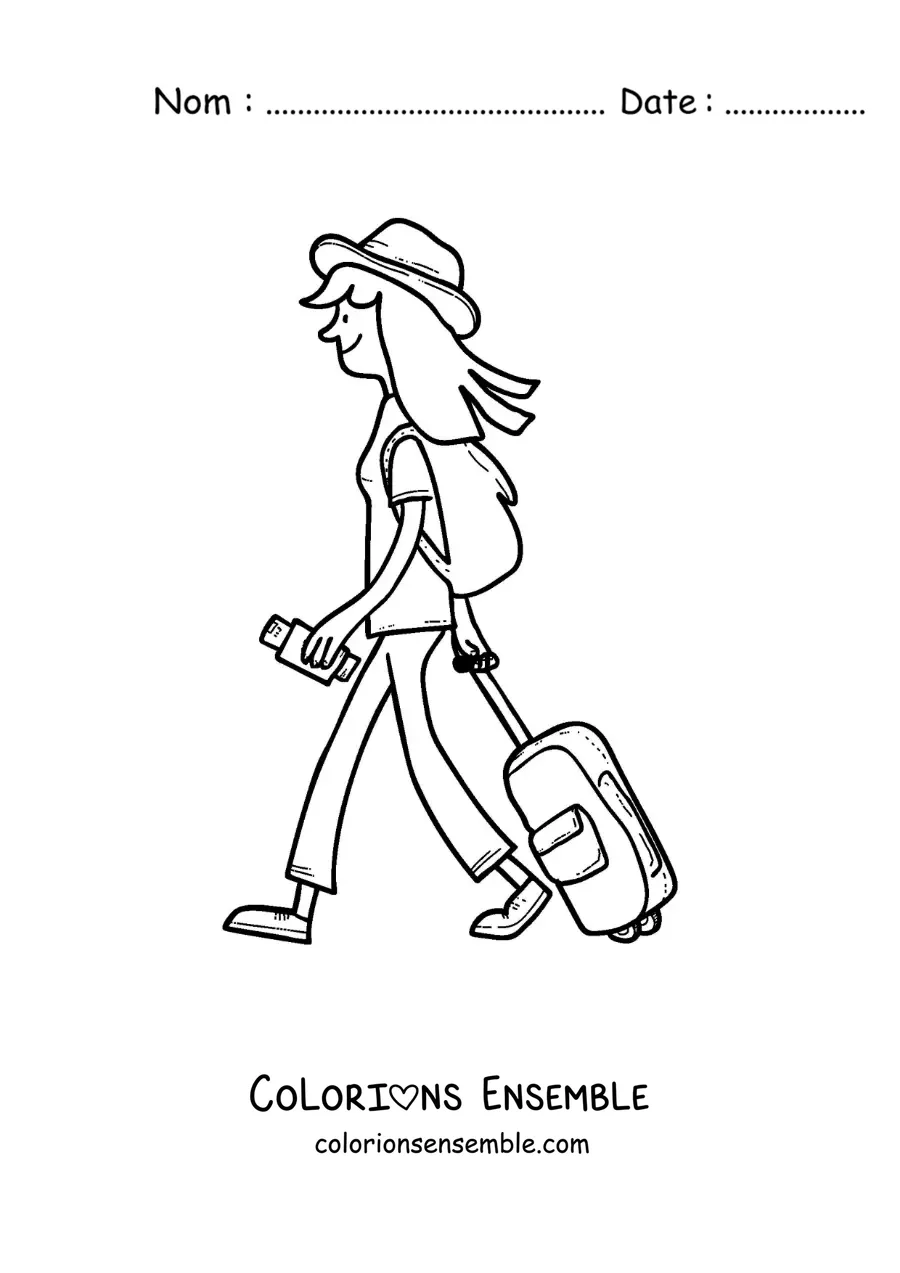 Image à colorier d’une fille en voyage qui marche avec ses bagages