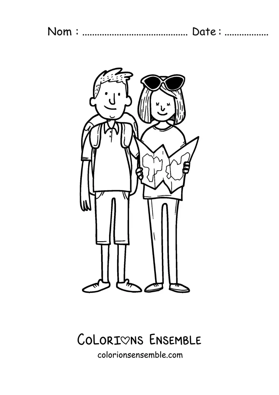 Image à colorier d’un couple de routards qui lisent une carte