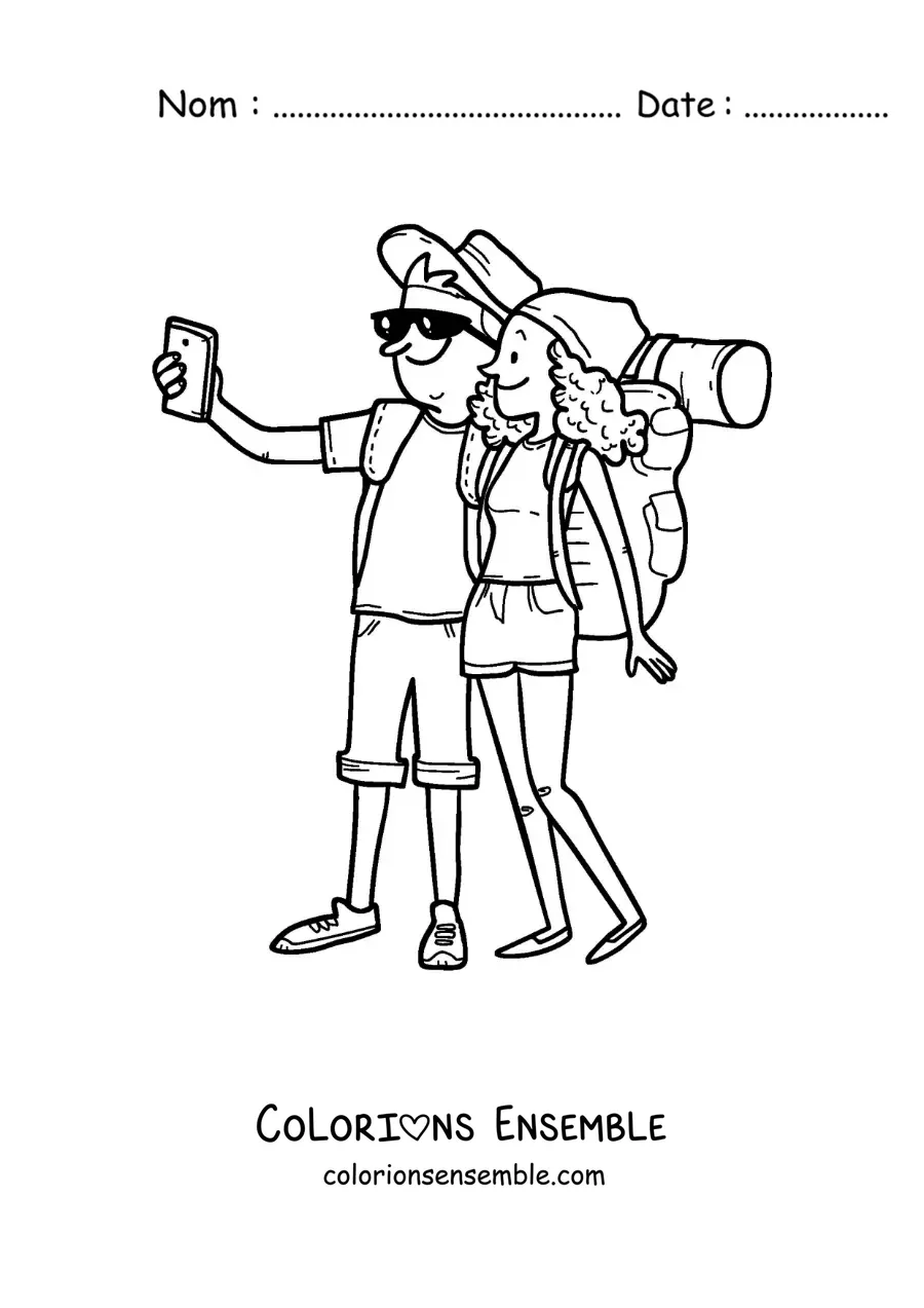 Image à colorier d’un couple de routards qui prennent un selfie