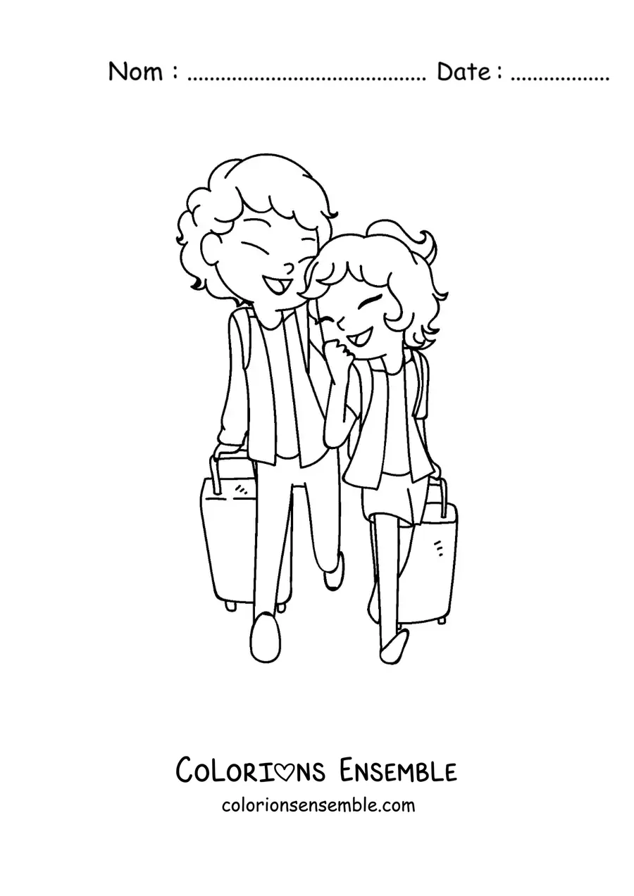 Image à colorier d’un couple kawaii en voyage avec des valises