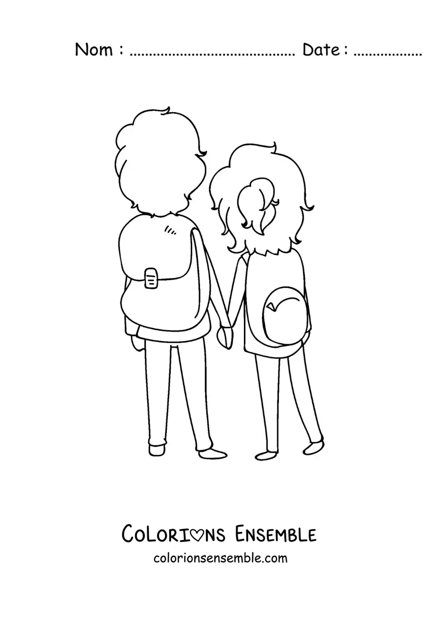 Image à colorier d’un couple de routards vus de dos