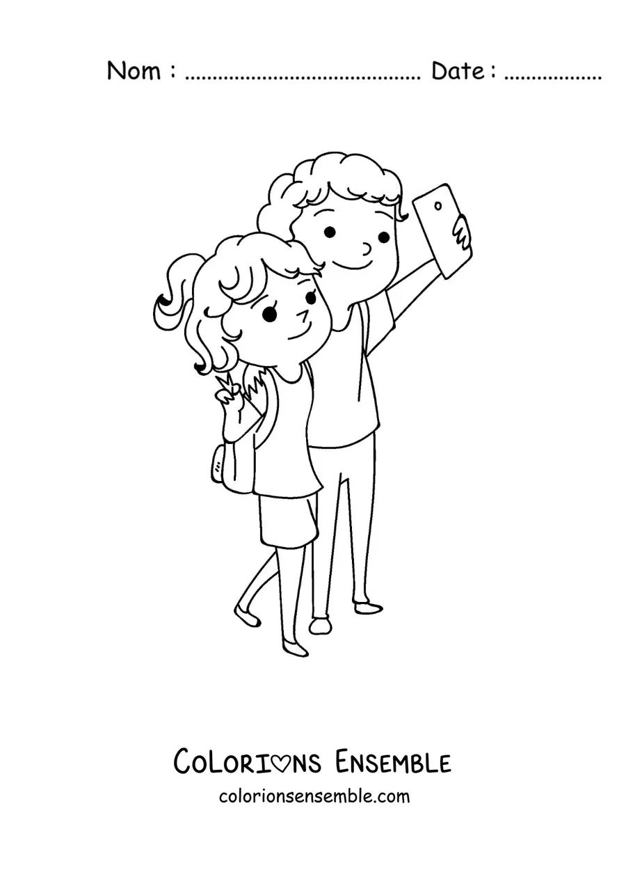 Image à colorier d’un couple kawaii de routards qui prennent un selfie