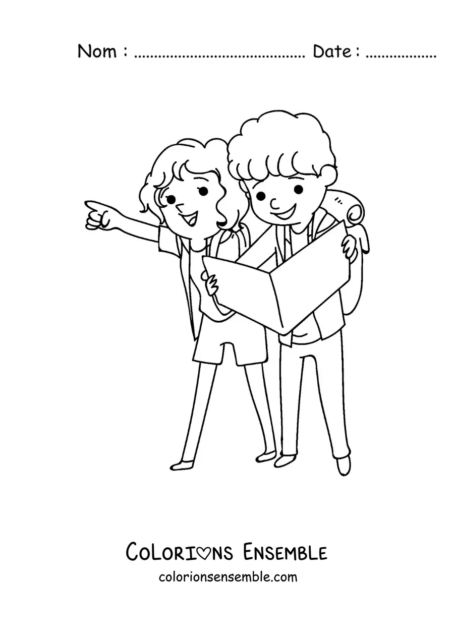 Image à colorier d’un couple kawaii de routards qui lisent une carte