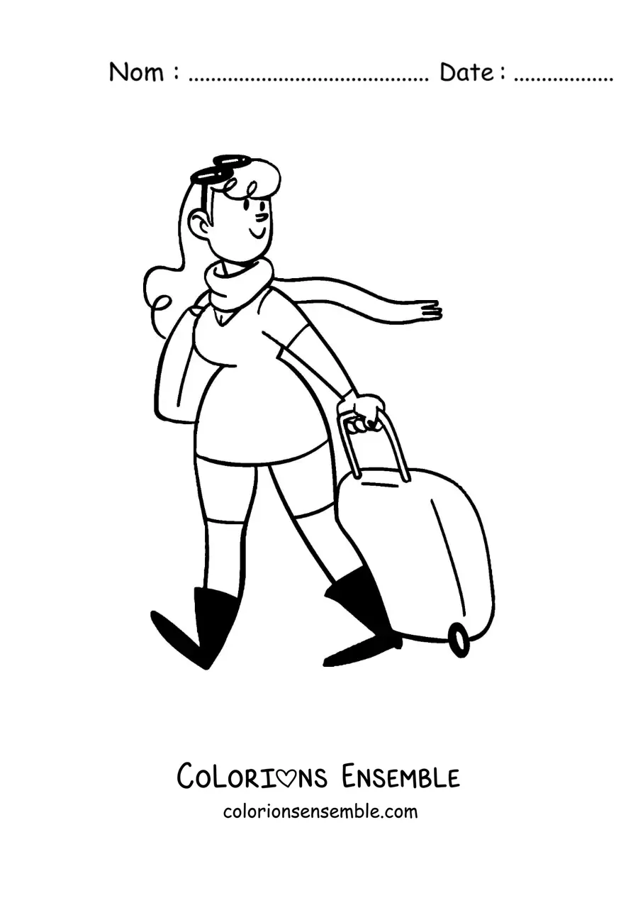 Image à colorier d'une femme dessinée qui voyage avec sa valise et son écharpe