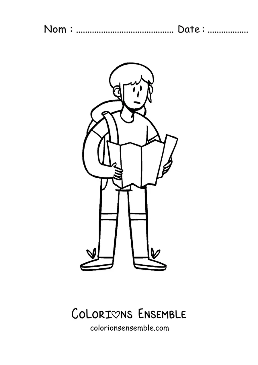 Image à colorier d'un routard dessiné en train de lire une carte