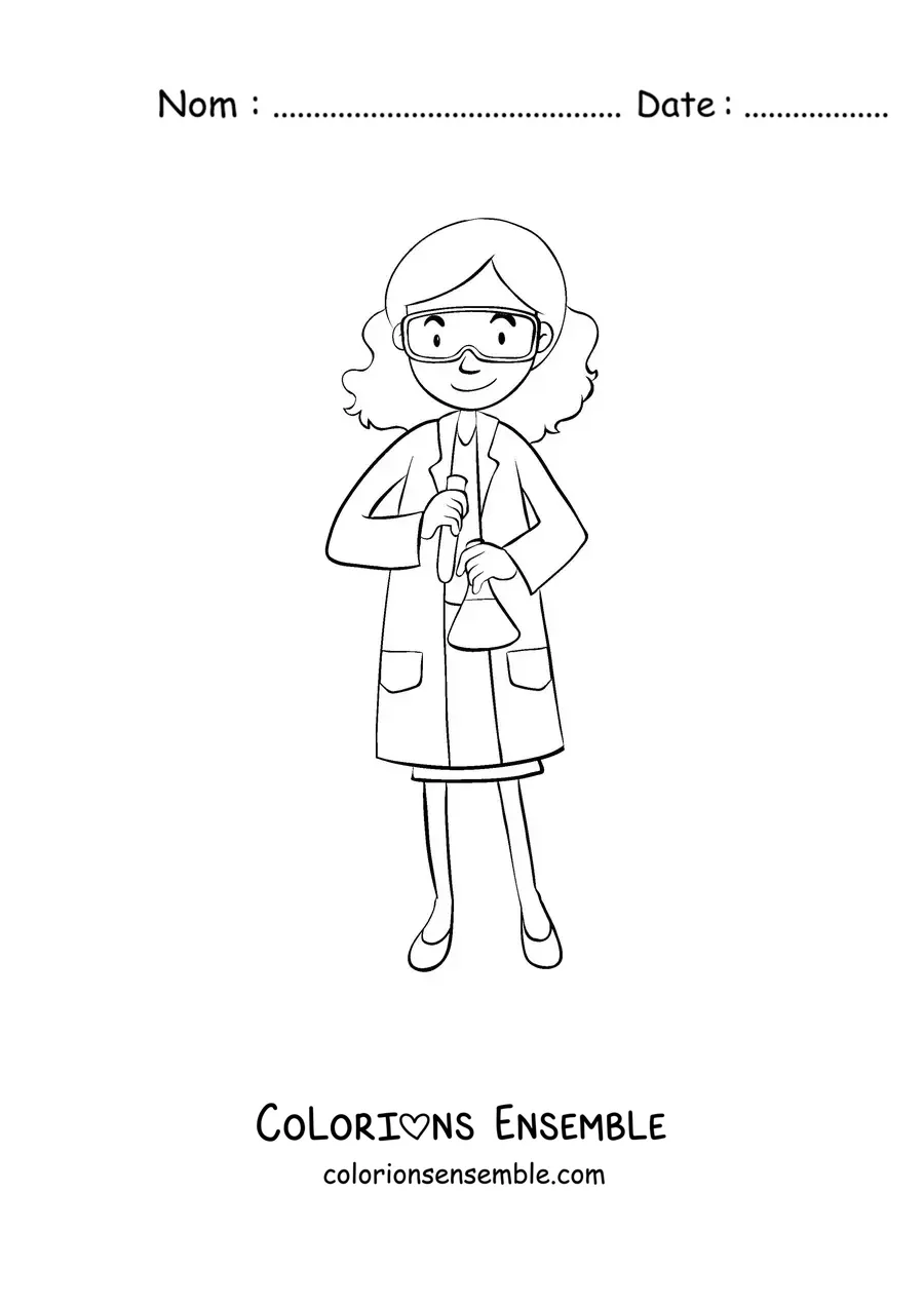 Image à colorier d'une femme scientifique tenant une expérience