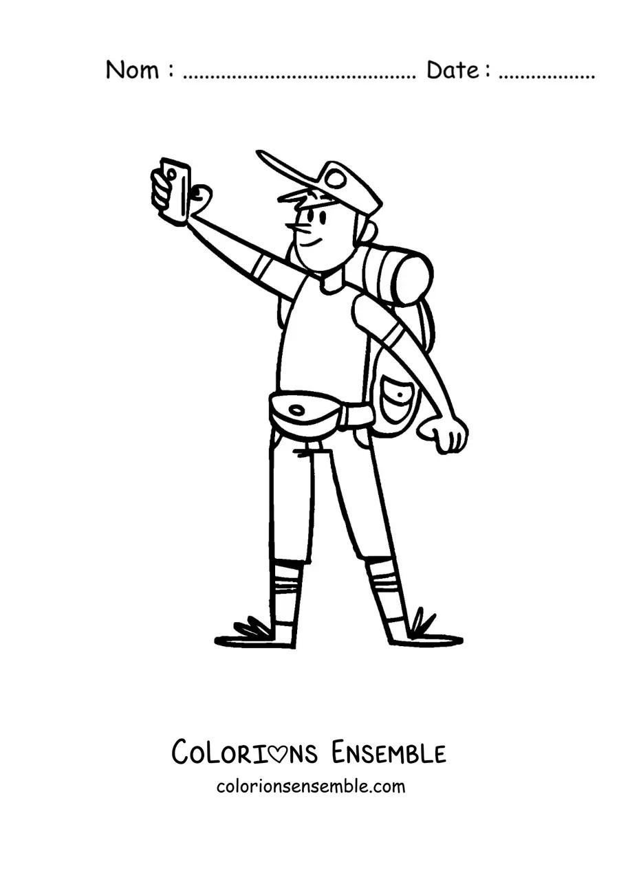 Image à colorier d'un routard dessiné en train de prendre un selfie
