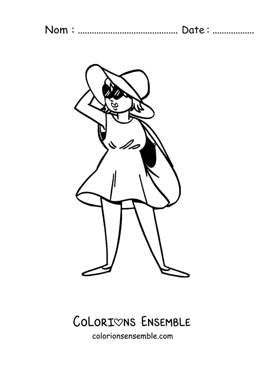 Image à colorier d'une fille touriste dessinée sur la plage avec des lunettes de soleil