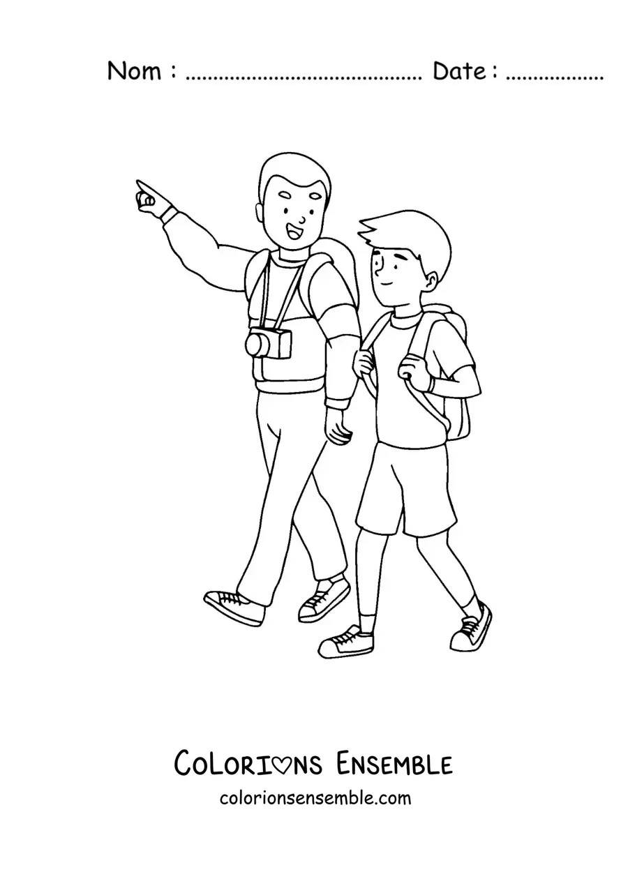 Image à colorier d'un papa touriste qui marche avec son fils