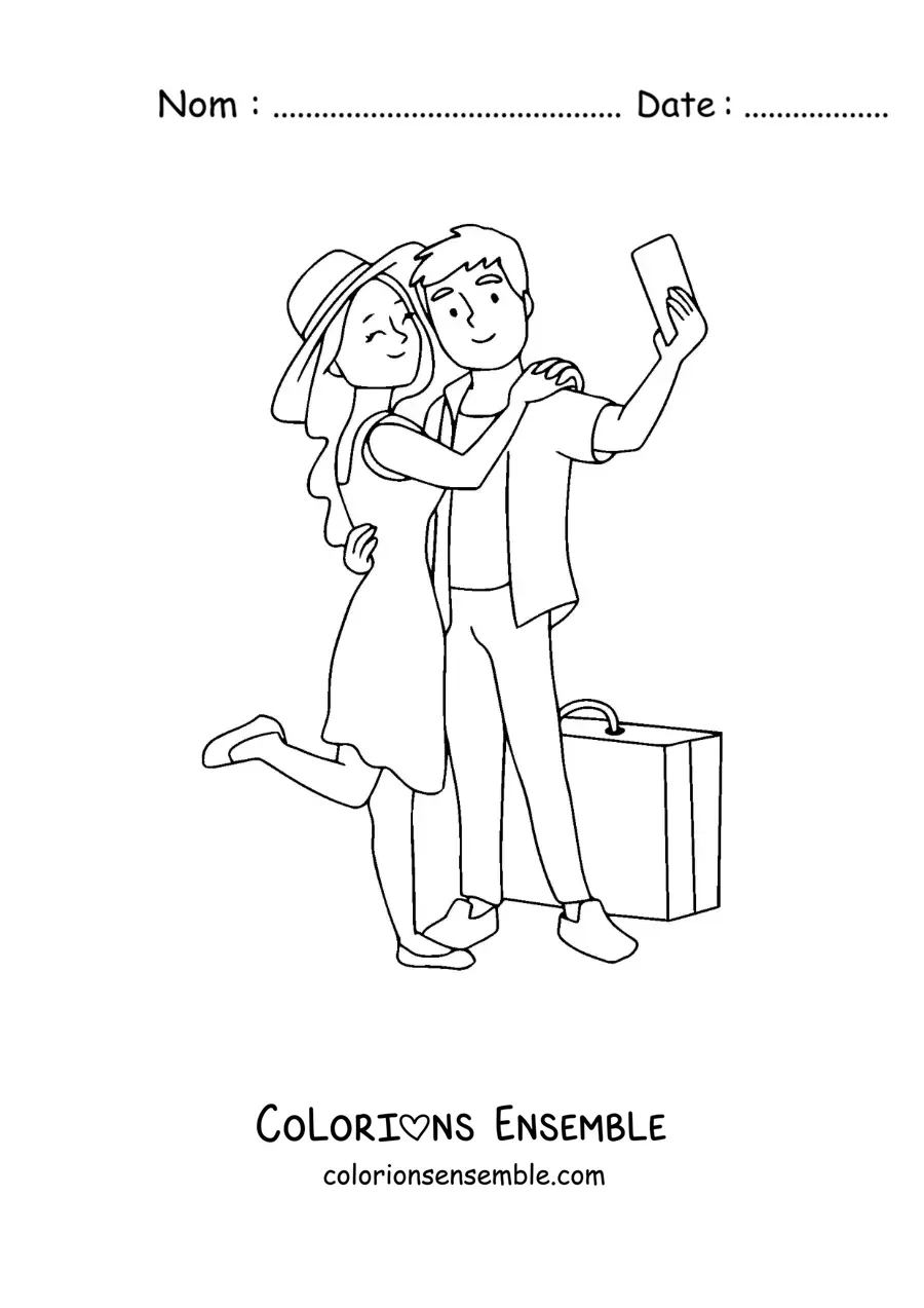 Image à colorier d'un couple de touristes en train de prendre un selfie