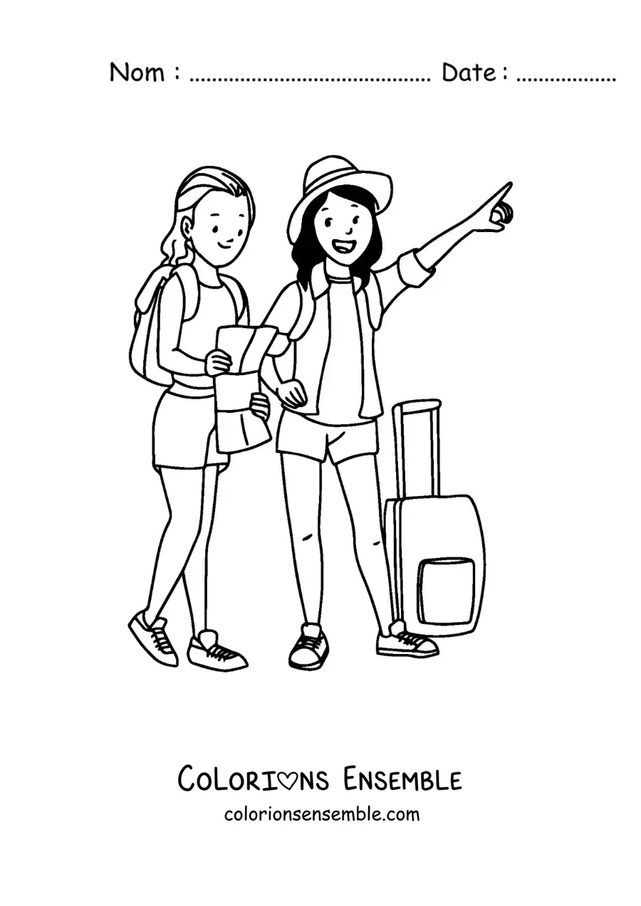 Image à colorier de deux filles touristes avec leurs bagages et une carte