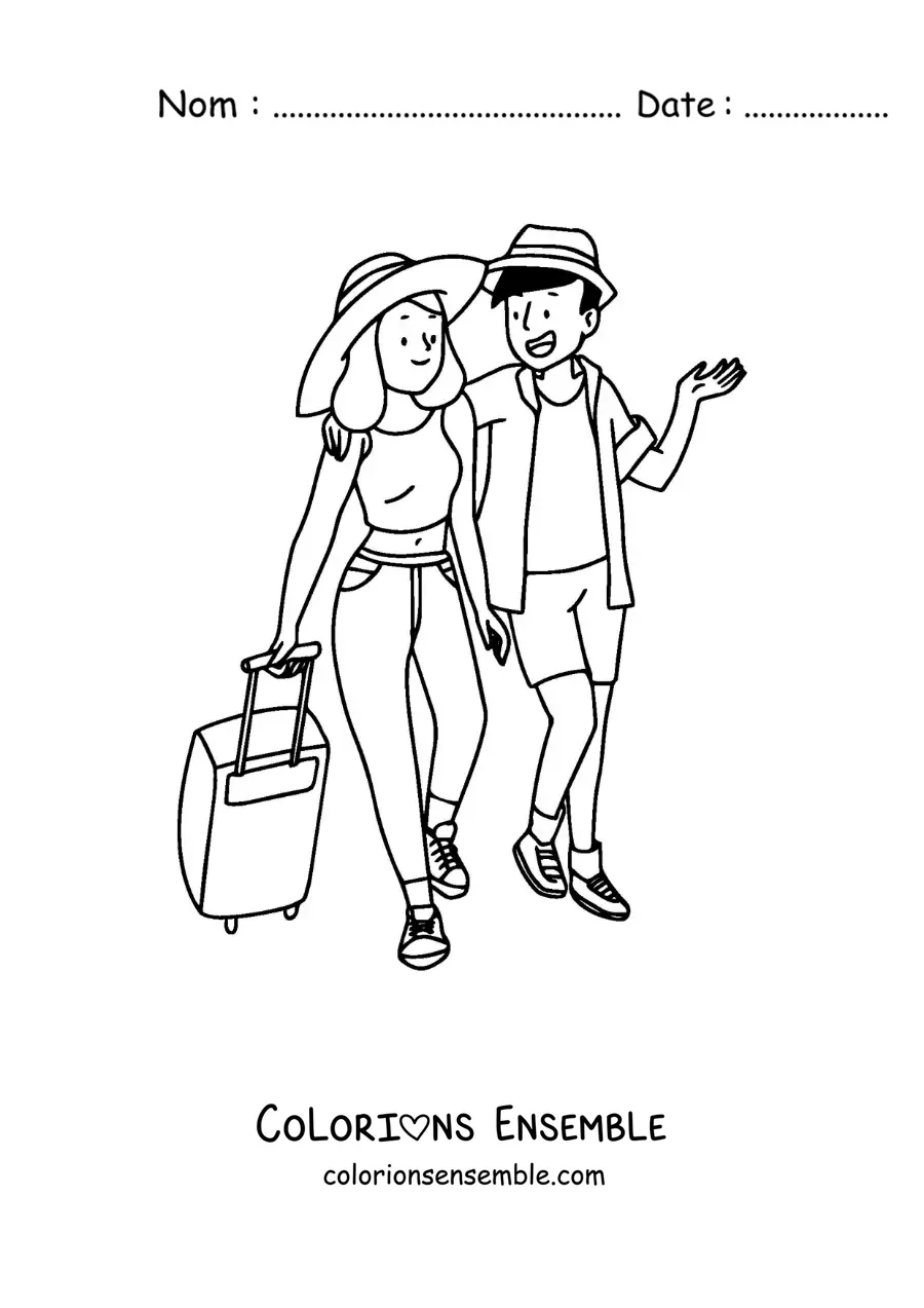 Image à colorier d'un couple de touristes qui marche avec ses bagages