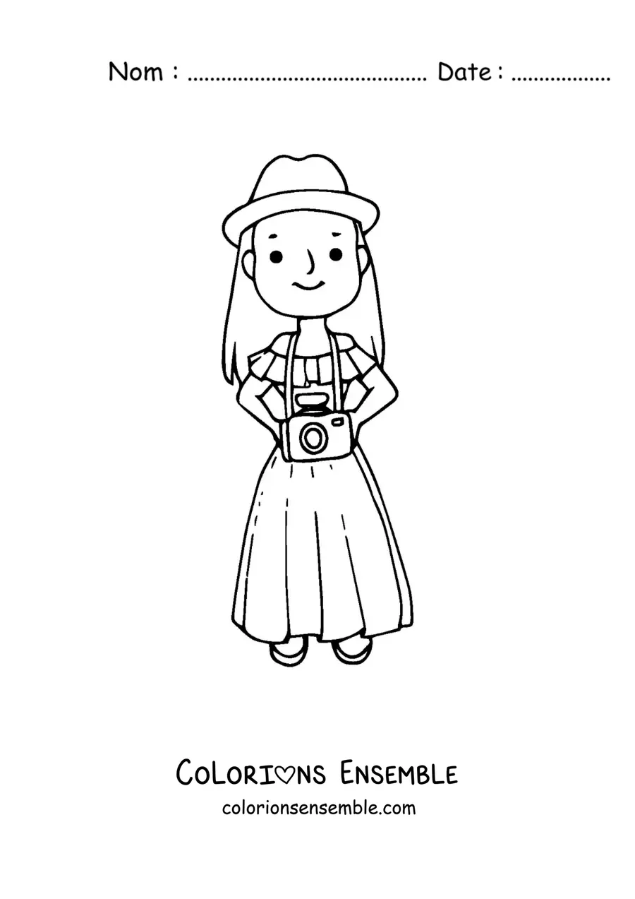 Image à colorier d'une touriste avec son appareil photo et un chapeau