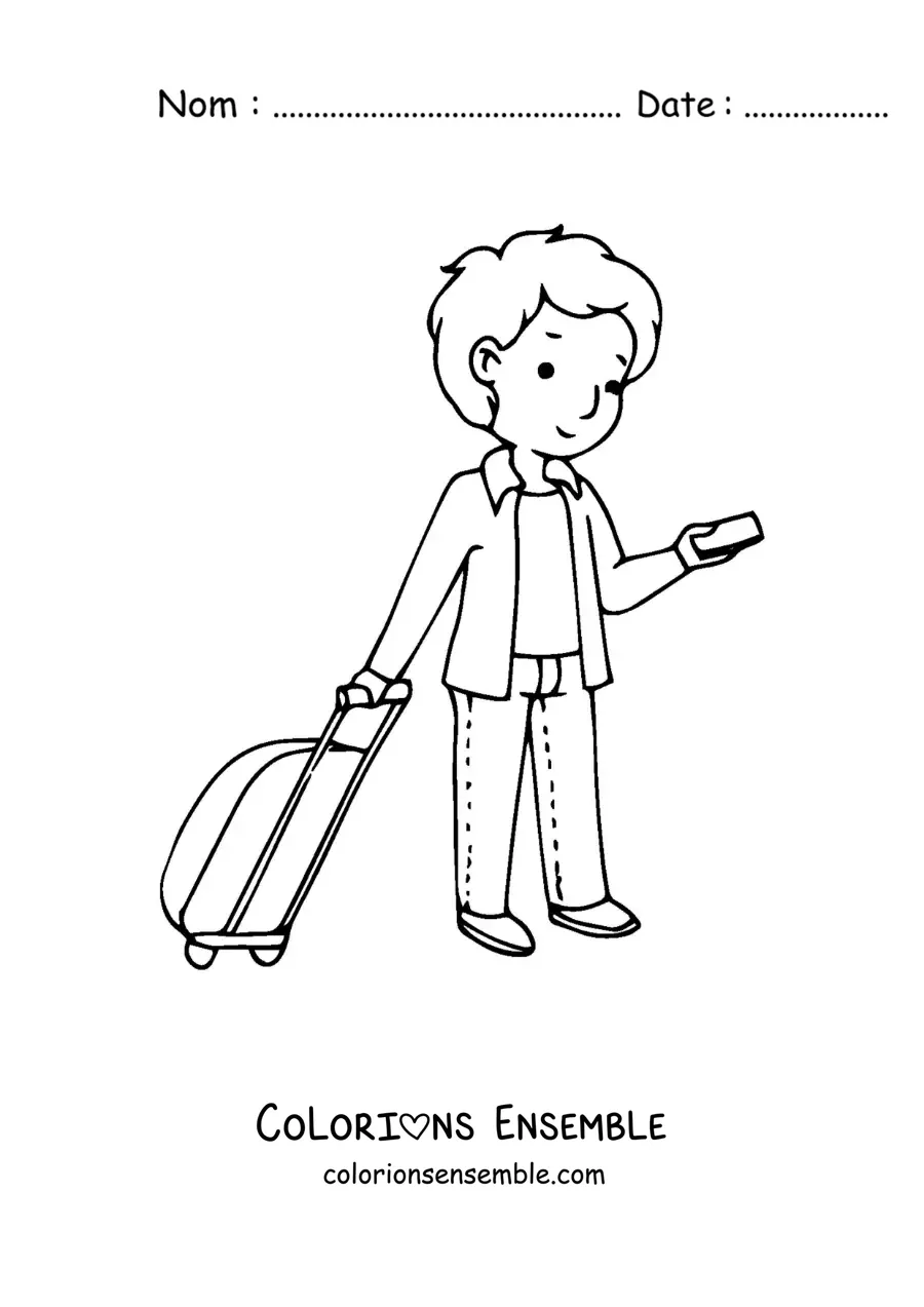 Image à colorier d'un garçon avec une valise qui regarde son téléphone