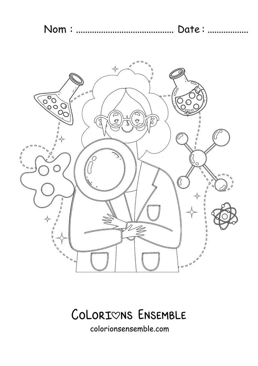 Image à colorier d'une femme scientifique entourée d'instruments de science