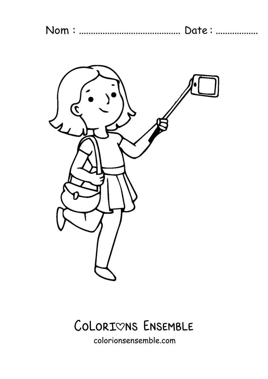 Image à colorier d'une fille touriste en train de prendre un selfie