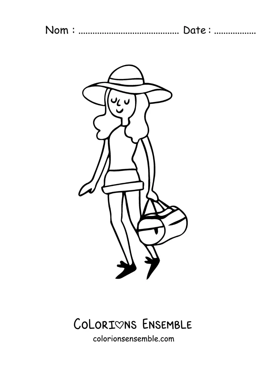 Image à colorier d'une fille touriste avec ses bagages