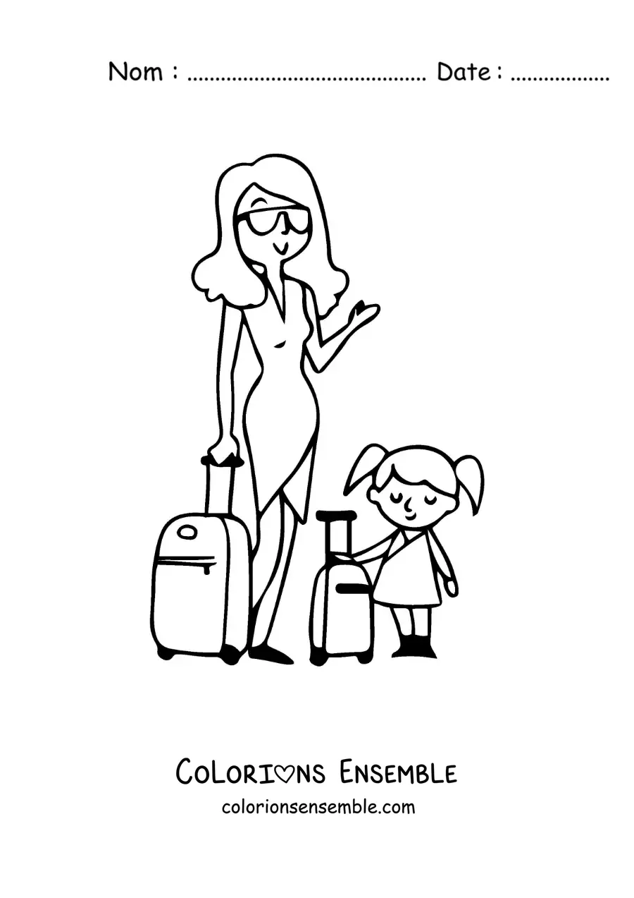 Image à colorier d'une maman voyageuse avec sa fille