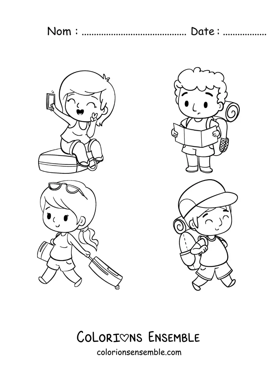 Image à colorier de touristes kawaii avec leurs bagages