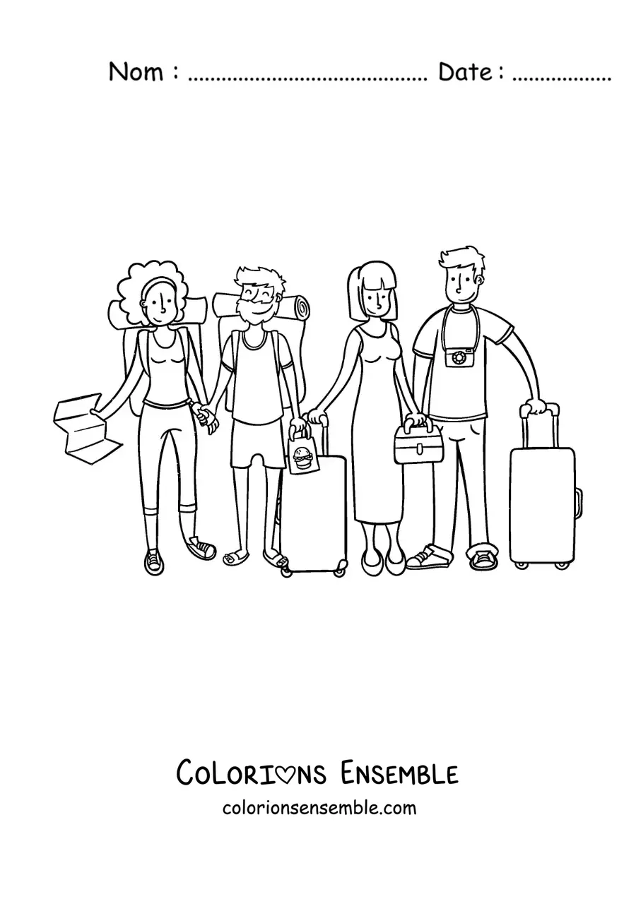 Image à colorier d'un groupe d'amis en vacances avec leurs valises