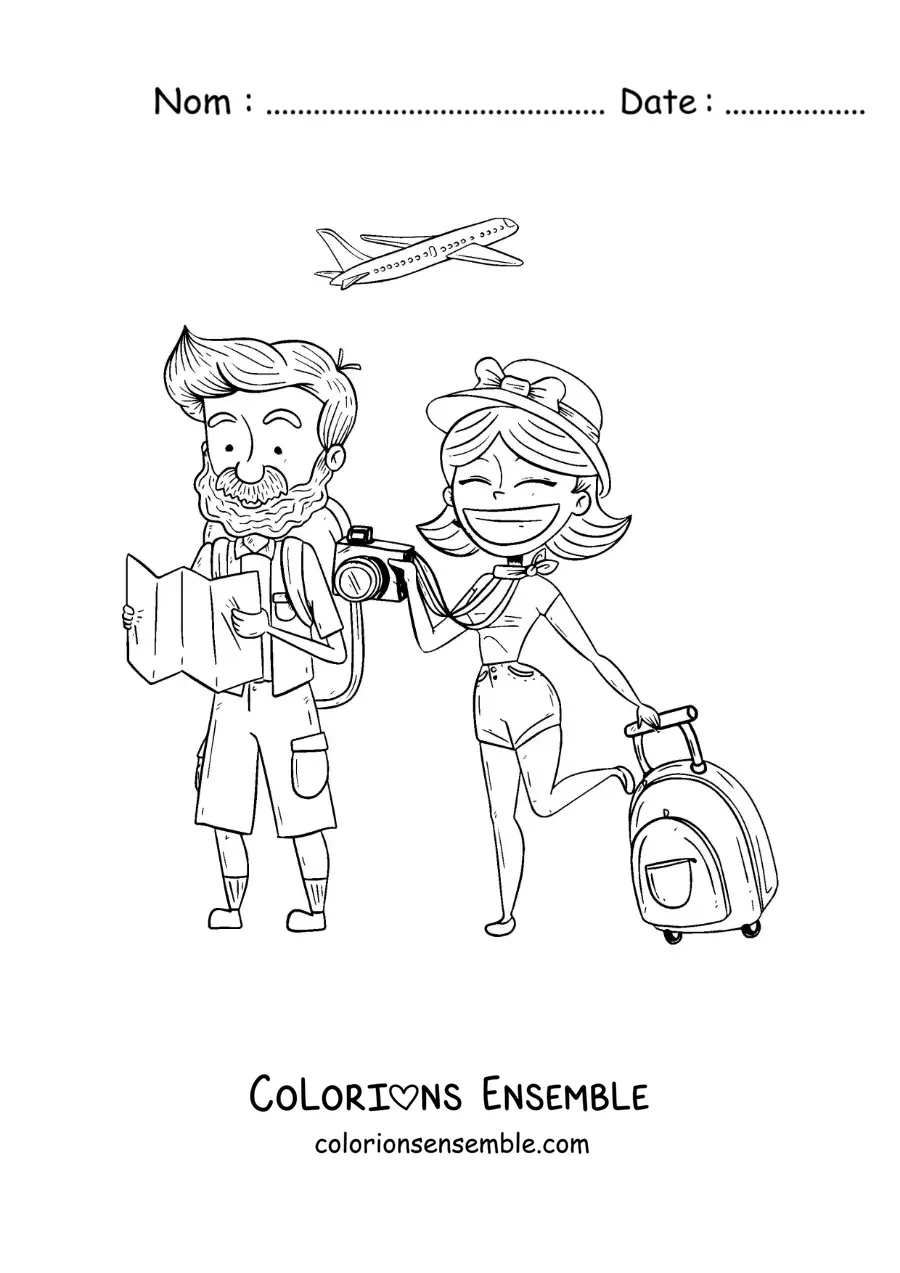 Image à colorier d'un couple de touristes dessiné