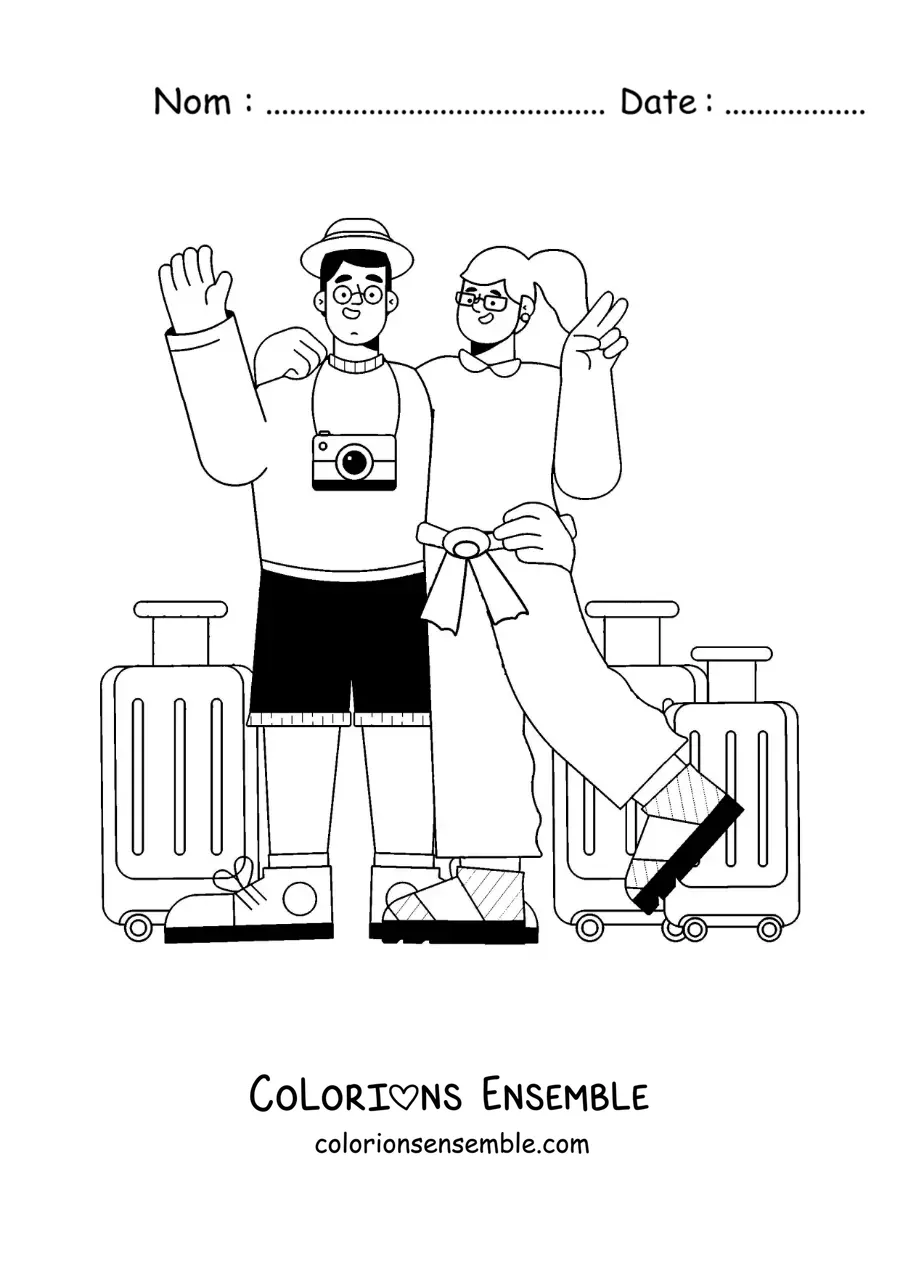 Image à colorier d'un couple de voyageurs avec leurs bagages et leur appareil photo