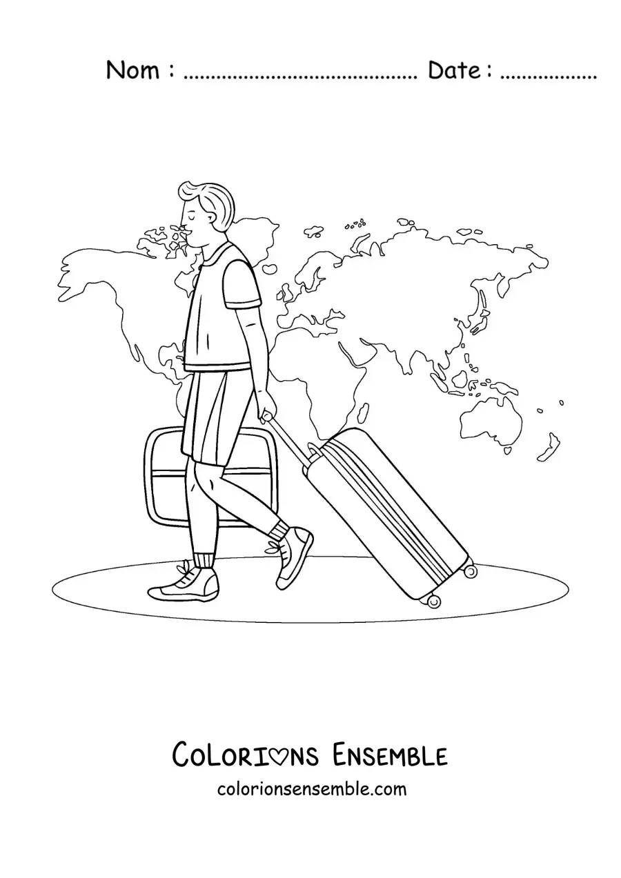 Image à colorier d'un homme qui voyage à travers le monde avec ses valises