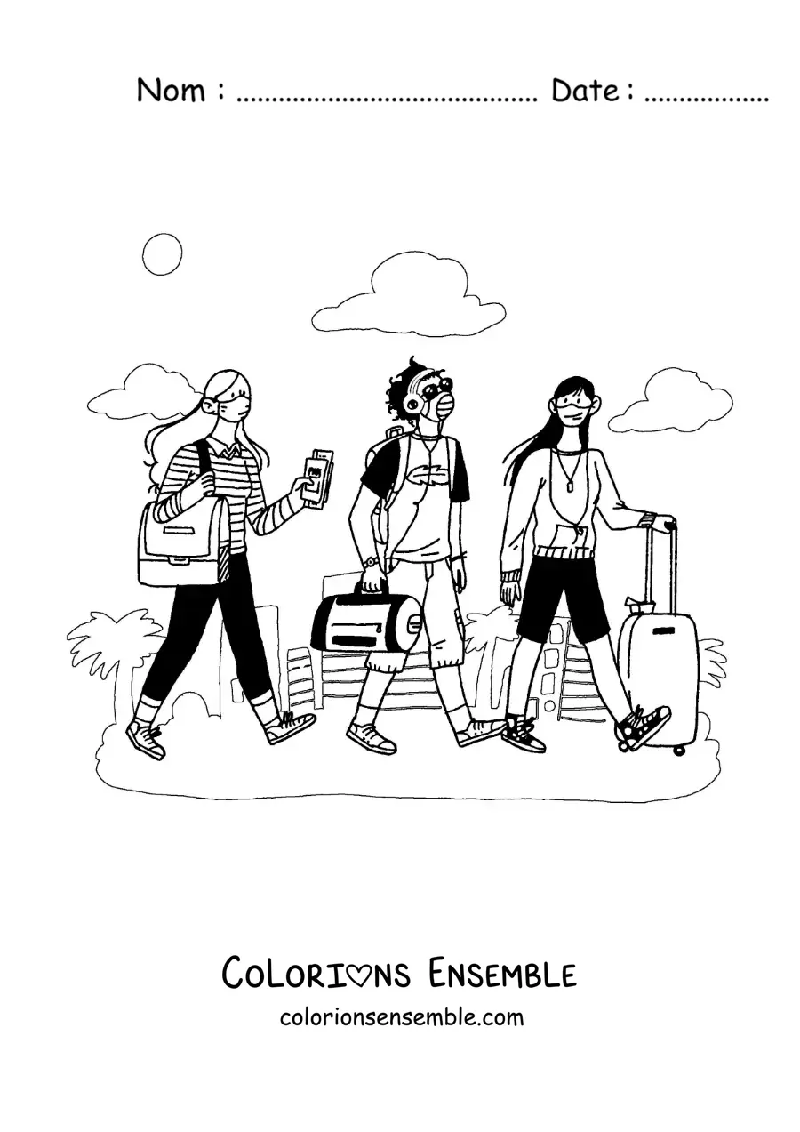 Image à colorier d'un groupe de jeunes avec leurs valises qui voyagent pendant la pandémie