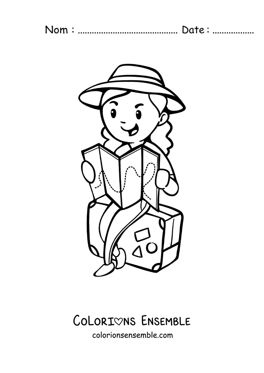 Image à colorier d'une touriste assise sur sa valise en train de lire une carte