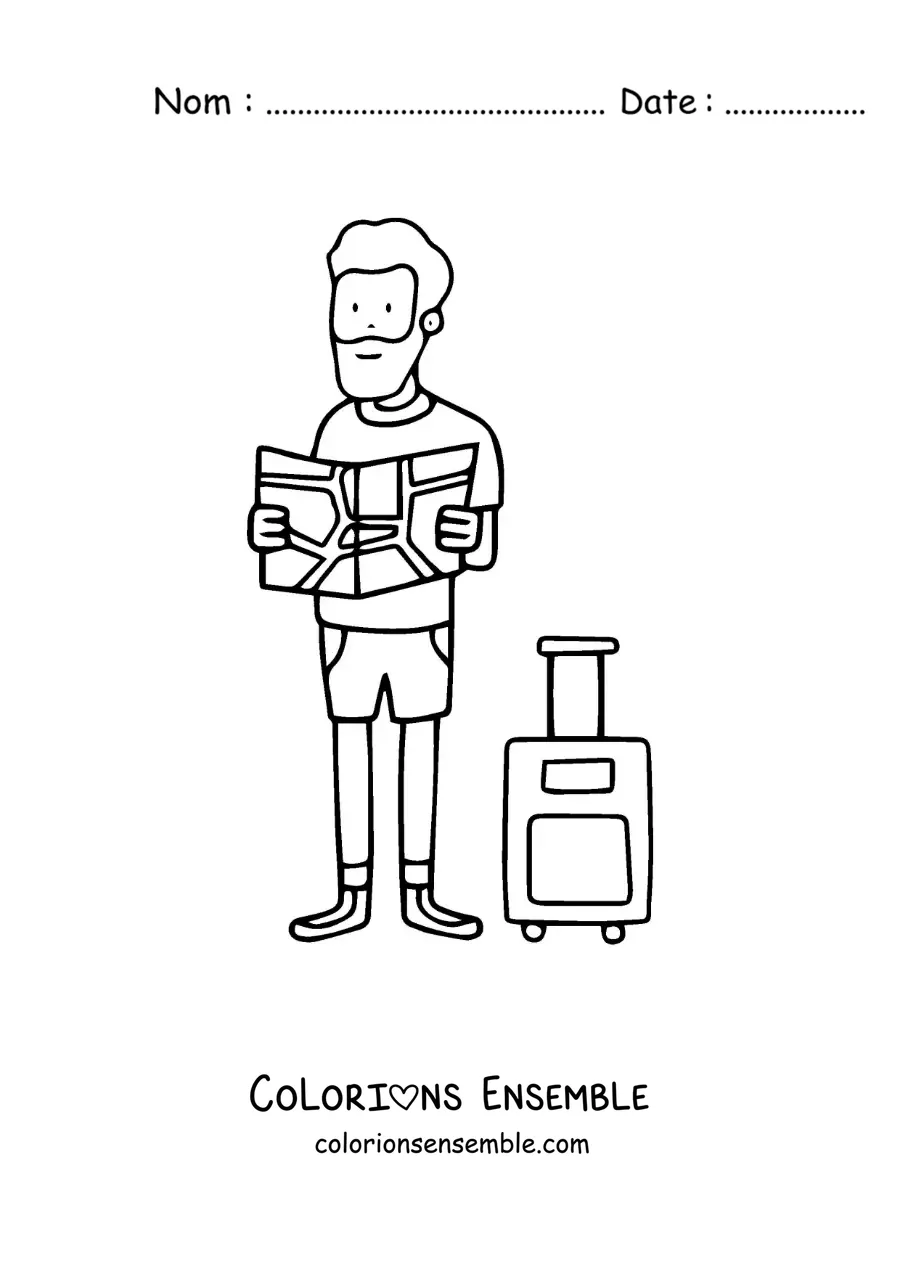Image à colorier d'un touriste à côté de sa valise en train de lire une carte