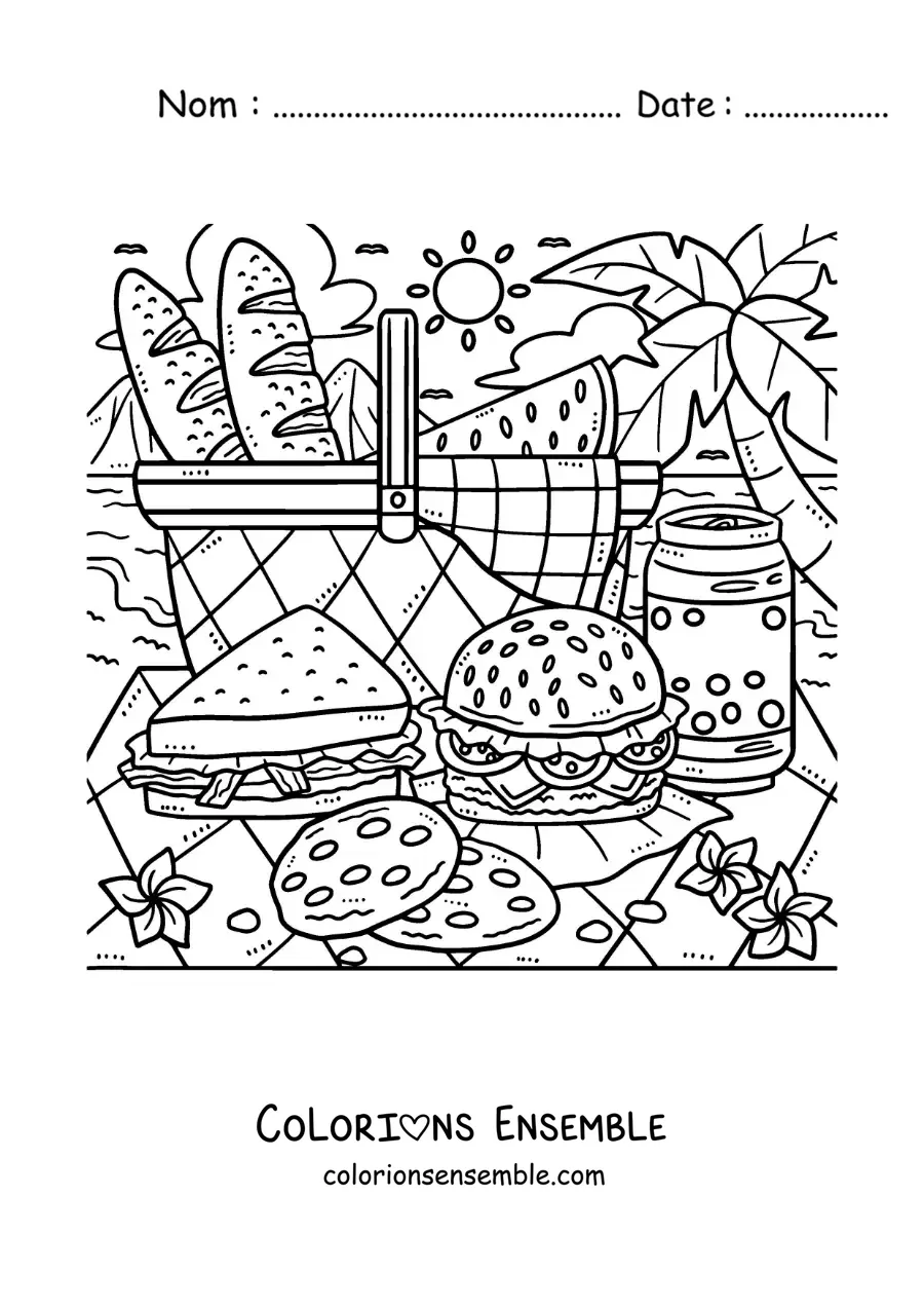 Image à colorier d'un panier de pique-nique sur la plage avec un sandwich et un hamburger