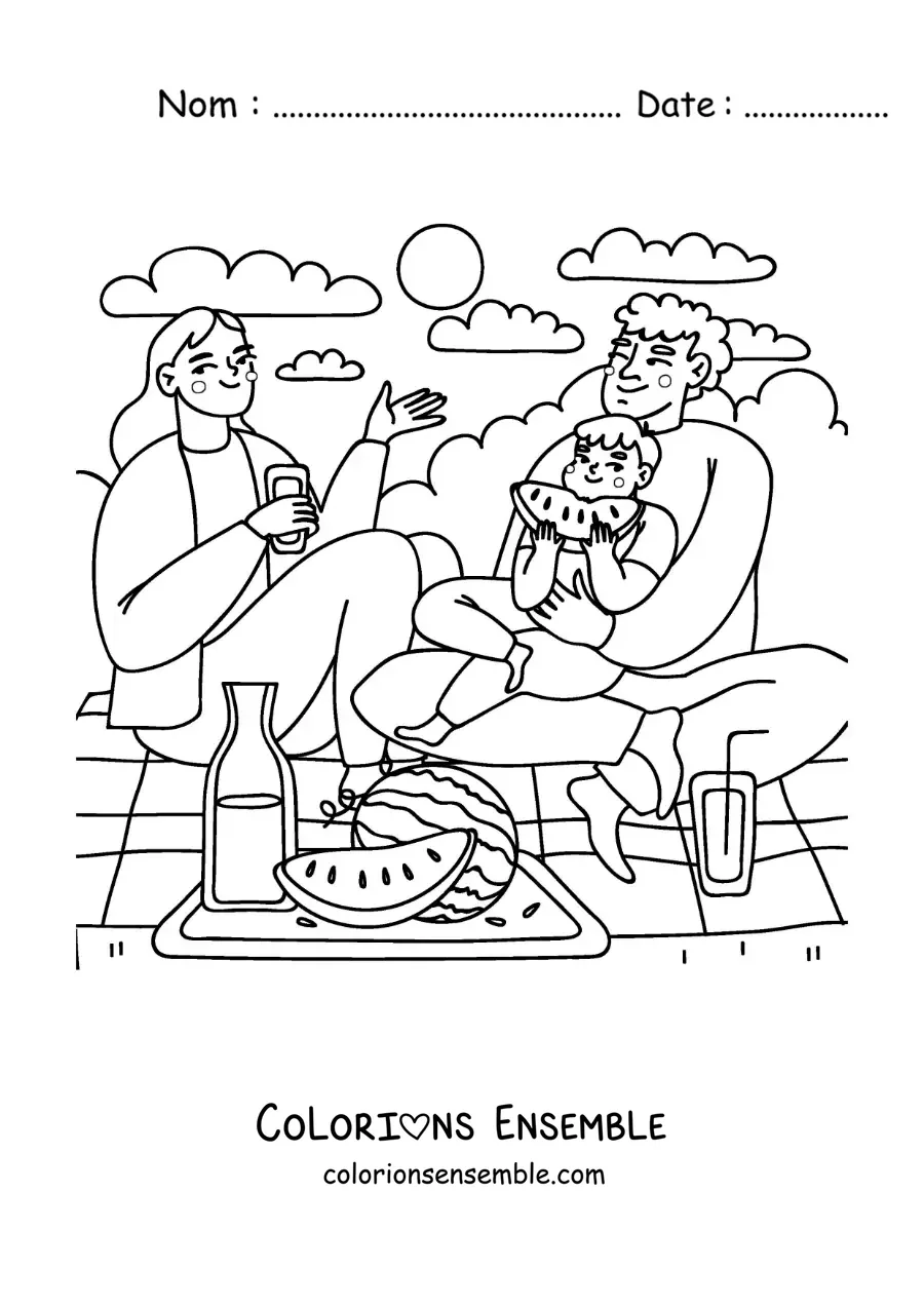 Image à colorier d'une famille avec un enfant qui fait un pique-nique au parc