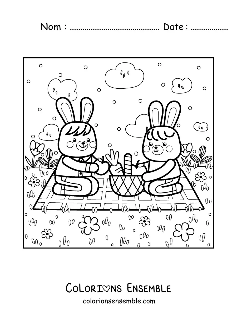 Image à colorier de deux lapins kawaii lors d'un pique-nique au parc