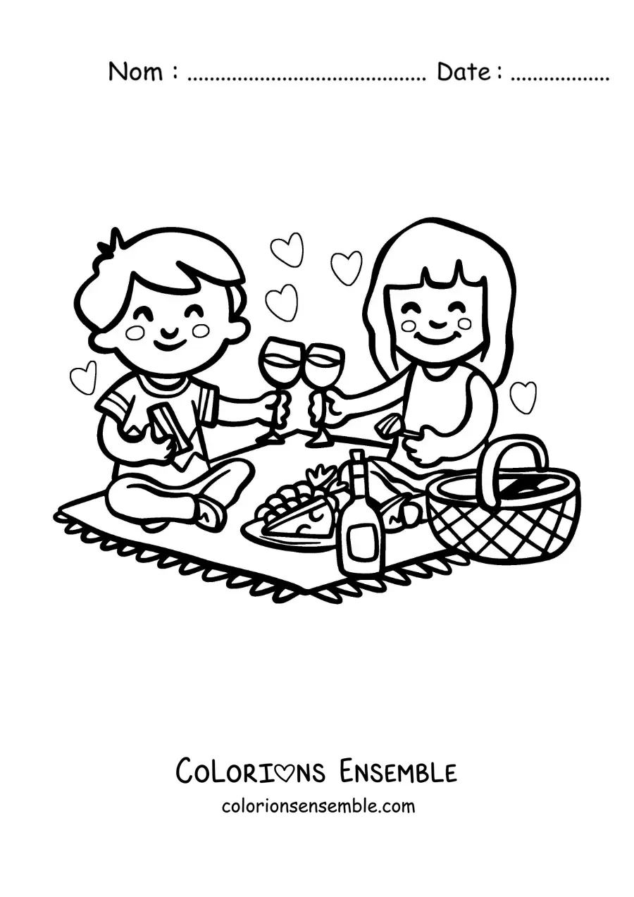 Image à colorier de deux amoureux kawaii lors d'un pique-nique