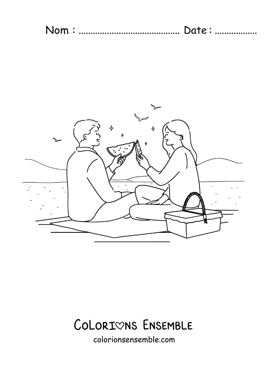 Image à colorier d'un couple qui mange de la pastèque lors d'un pique-nique