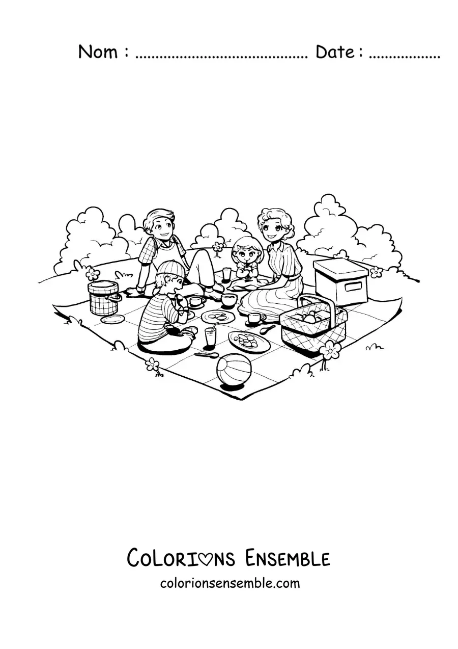 Image à colorier d'une famille avec des enfants qui mangent lors d'un pique-nique au parc