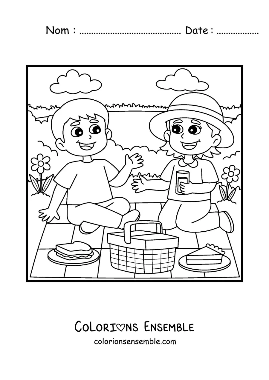 Image à colorier de deux enfants lors d'un pique-nique au parc