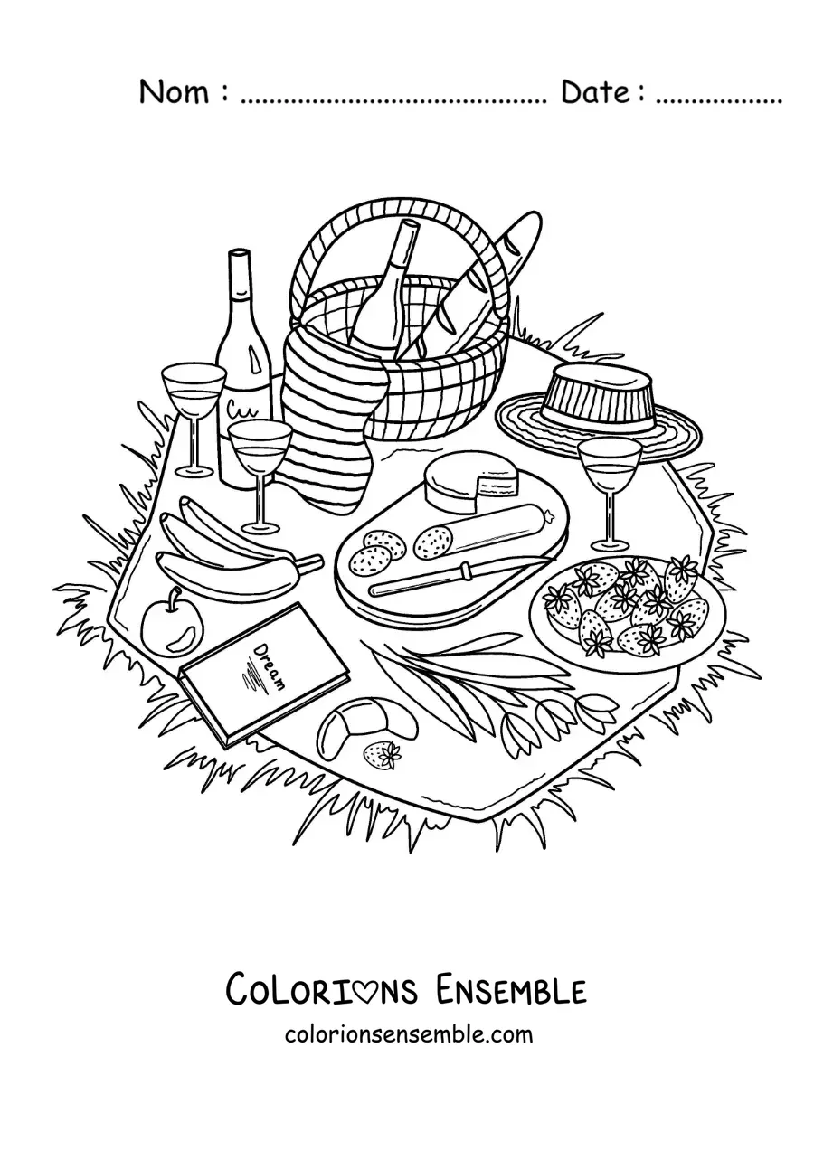 Image à colorier d'une nappe de pique-nique avec du pain, du fromage, des fruits et d'autres aliments