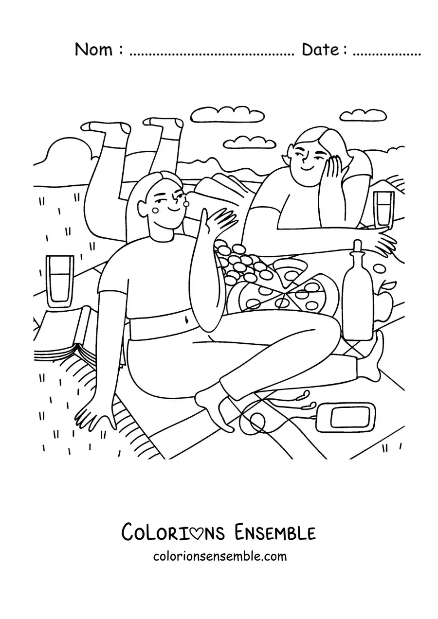 Image à colorier de deux amies qui mangent de la pizza lors d'un pique-nique