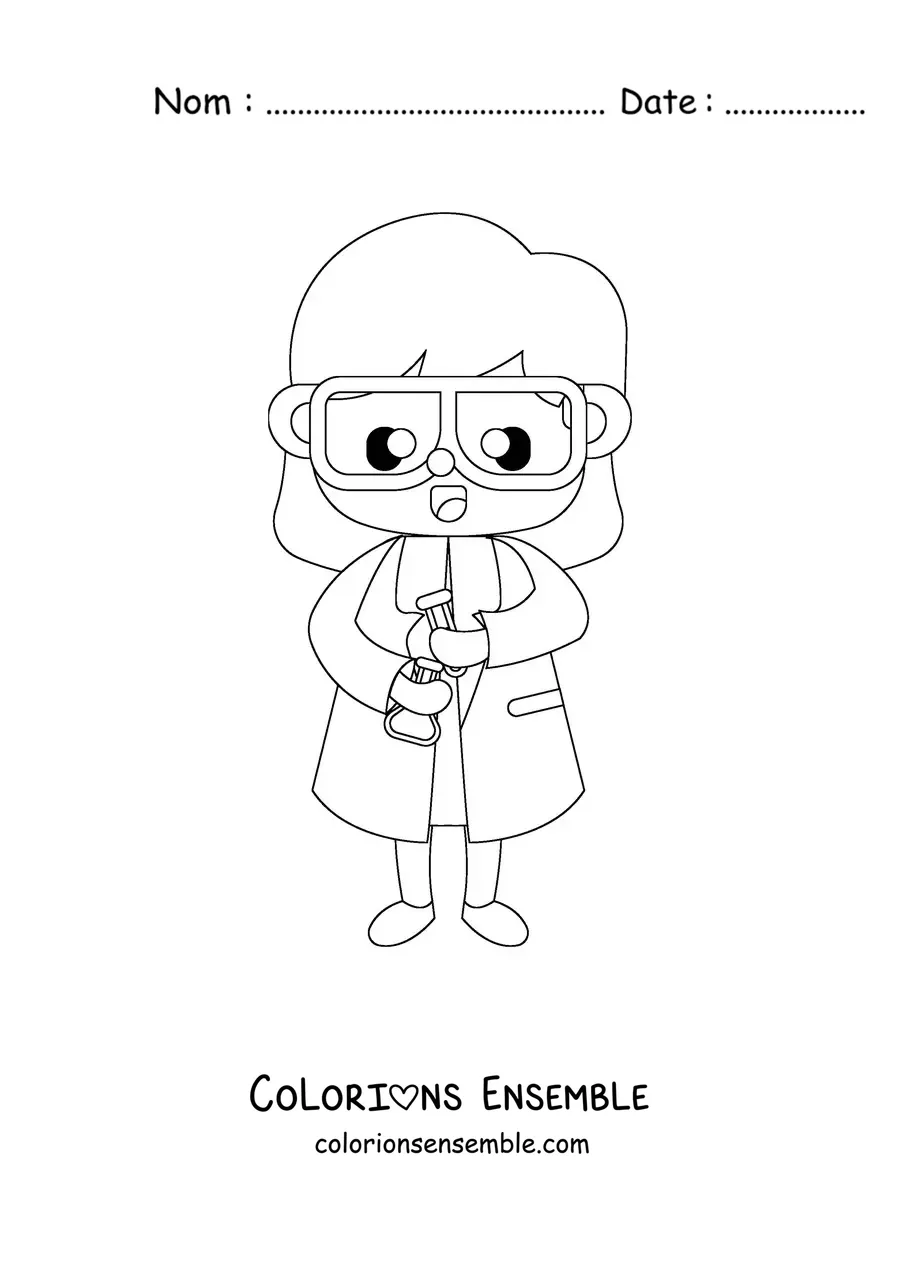 Image à colorier d'une femme scientifique kawaii tenant une éprouvette