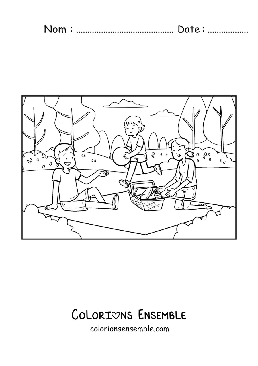 Image à colorier d'une fille et de ses parents lors d'un pique-nique au parc