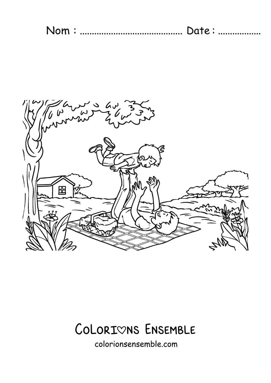 Image à colorier d'un papa qui soulève son fils lors d'un pique-nique en pleine nature