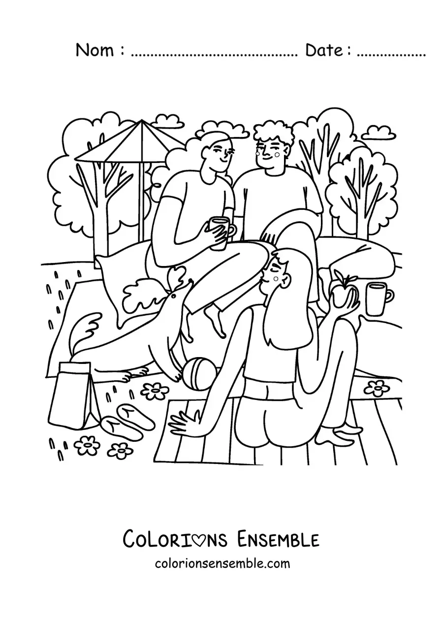 Image à colorier d'un groupe d'amis adolescents lors d'un pique-nique au parc